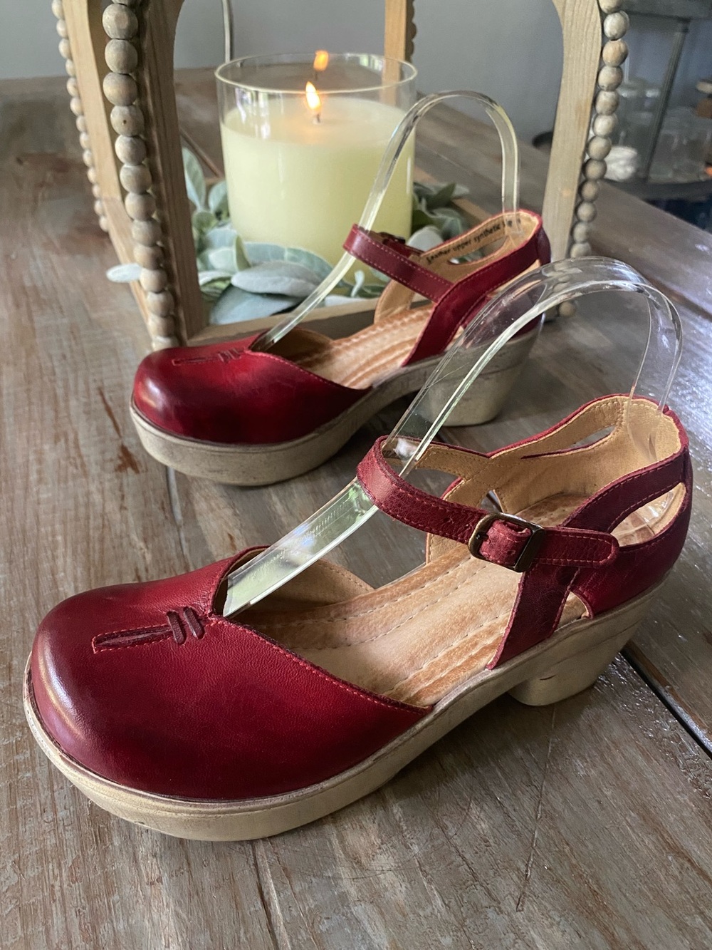 Jafa Boho Leather Platform Handmade Strappy Mary Jane Sandals Womens 38 Ruby Red - Picture 7 of 16